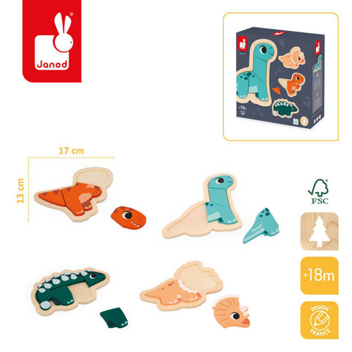 Puzzle progresywne drewniane Dinozaury 4 układanki – 2, 3, 4 i 5 elementów 18 m+, Janod